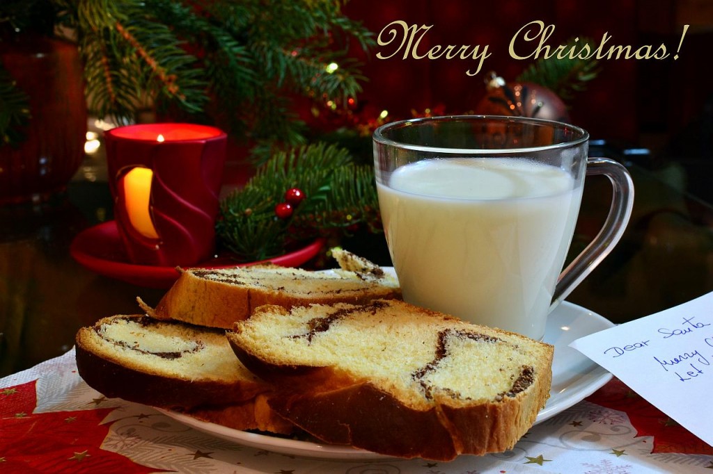 Cookies and a glass of milk set out on Christmas Eve for Santa.