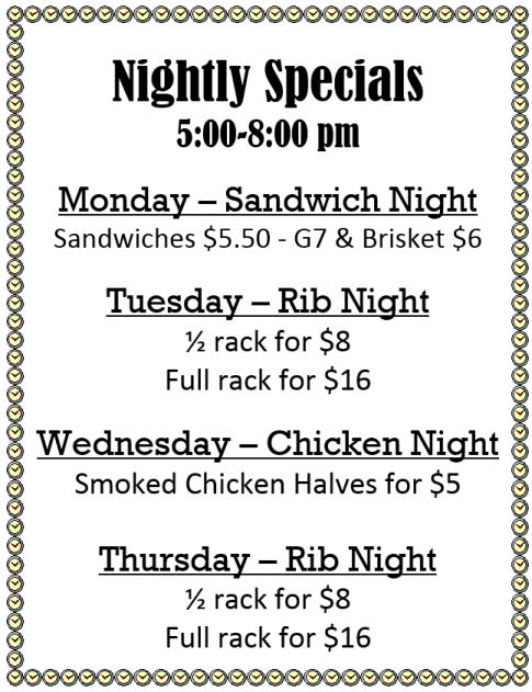 Boomtown Barbecue Nightly Specials
