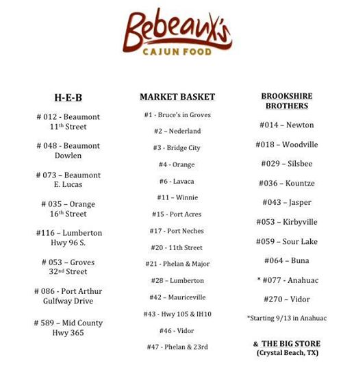 Bebeaux Cajun Food Southeast Texas  Locations