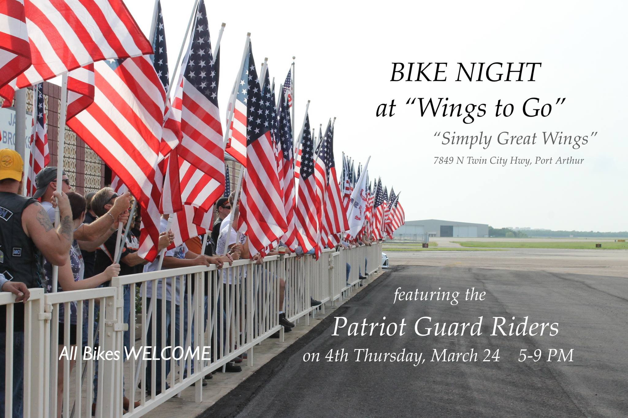 Wings to Go Bike Night Patriot Riders, Bike night Port Arthur, Bike Night Mid County