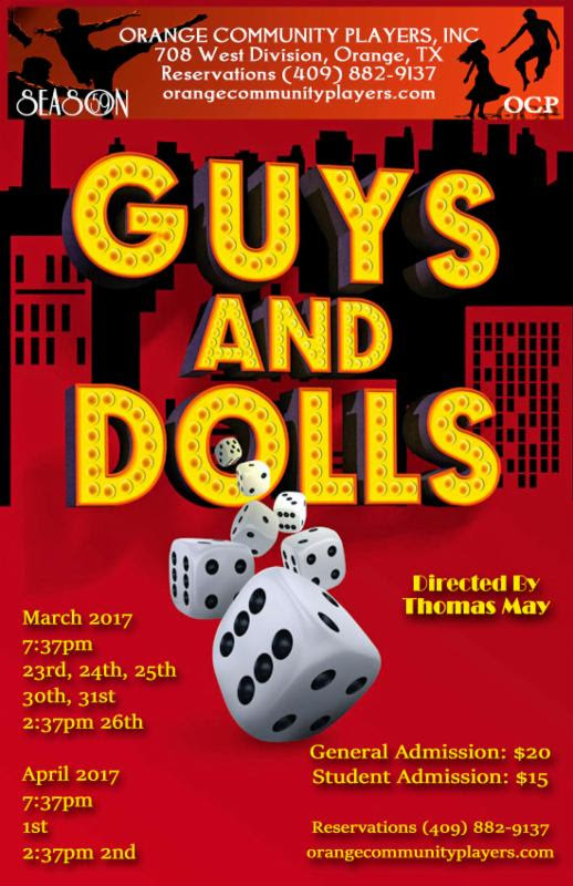 Guys and Dolls Orange TX, Guys and Dolls Southeast Texas, Guys and Dolls Orange Community Players, Orange Community Players, live theater Orange TX, SETX live theater, Beaumont Community Players, Port Arthur Little Theater